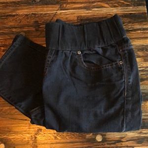 Dark wash maternity skinny jeans.